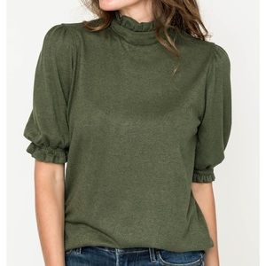 Gibson Look Ruffle Mock Neck Top with Smocked Puff Sleeves XXS